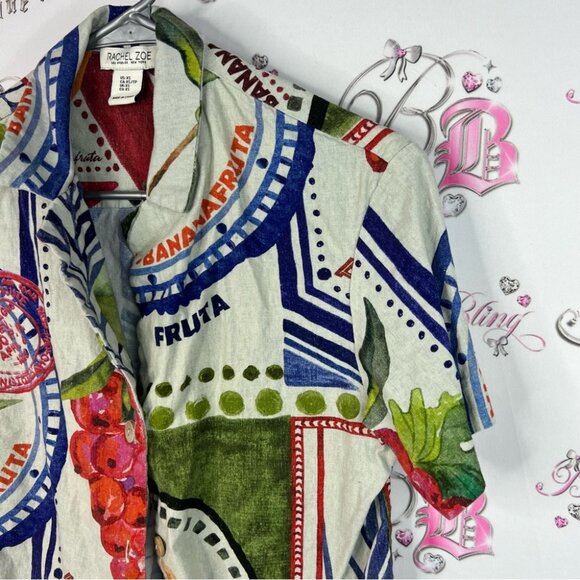 Rachel Zoe button up stamp style travel fruit food Multicolor Graphic Shirt - Picture 4 of 8